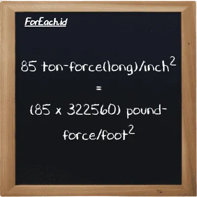 How to convert ton-force(long)/inch<sup>2</sup> to pound-force/foot<sup>2</sup>: 85 ton-force(long)/inch<sup>2</sup> (LT f/in<sup>2</sup>) is equivalent to 85 times 322560 pound-force/foot<sup>2</sup> (lbf/ft<sup>2</sup>)